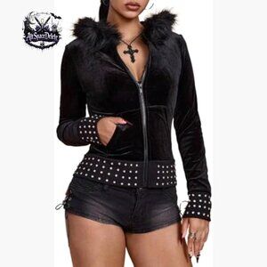 Y2K Faux Fur Zip Hoodie Punk Gothic Stripe Slim Fit Long Sleeve Top